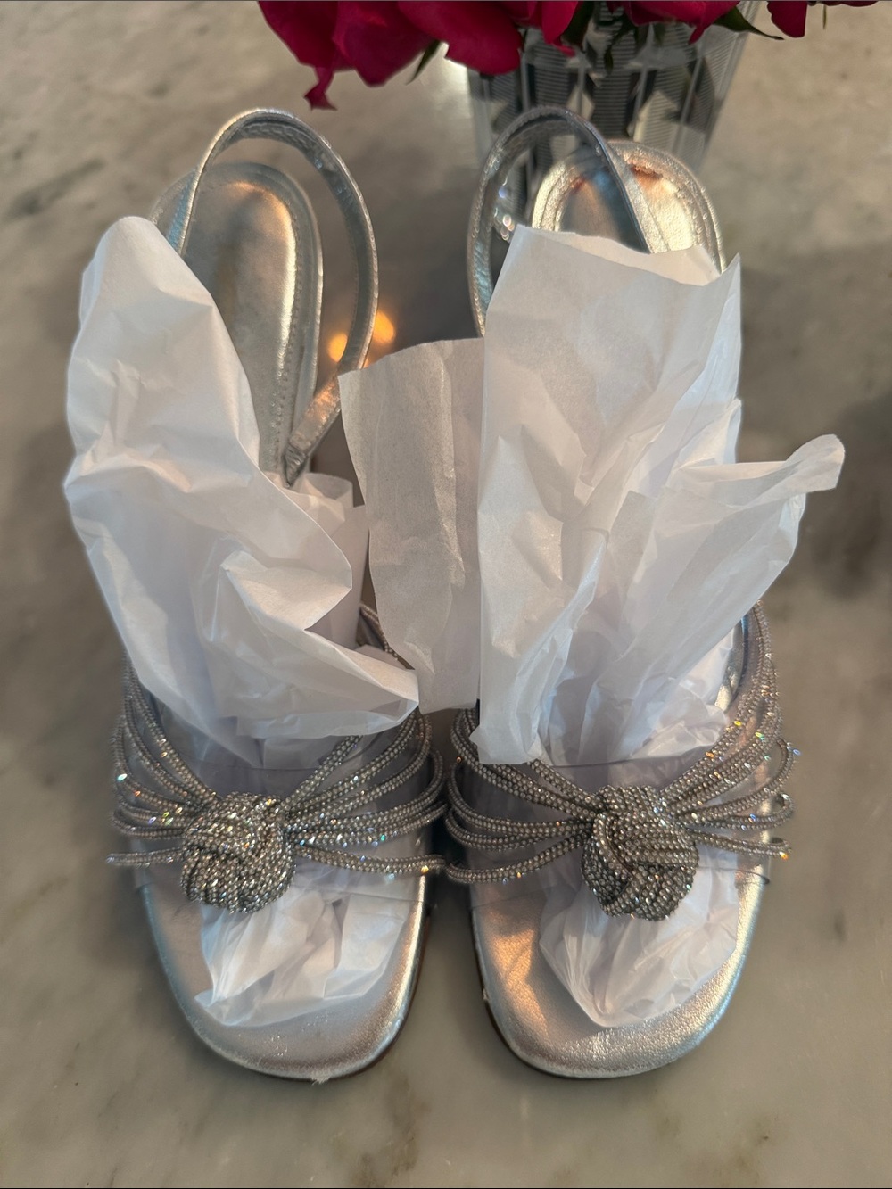 Larroude Silver Rhinestone Knot Slingback Heels